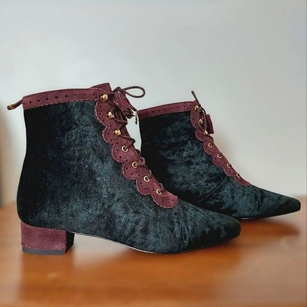 Vtg Mondi black velvet & plum suede ankle boots size 6 - Picture 2 of 8